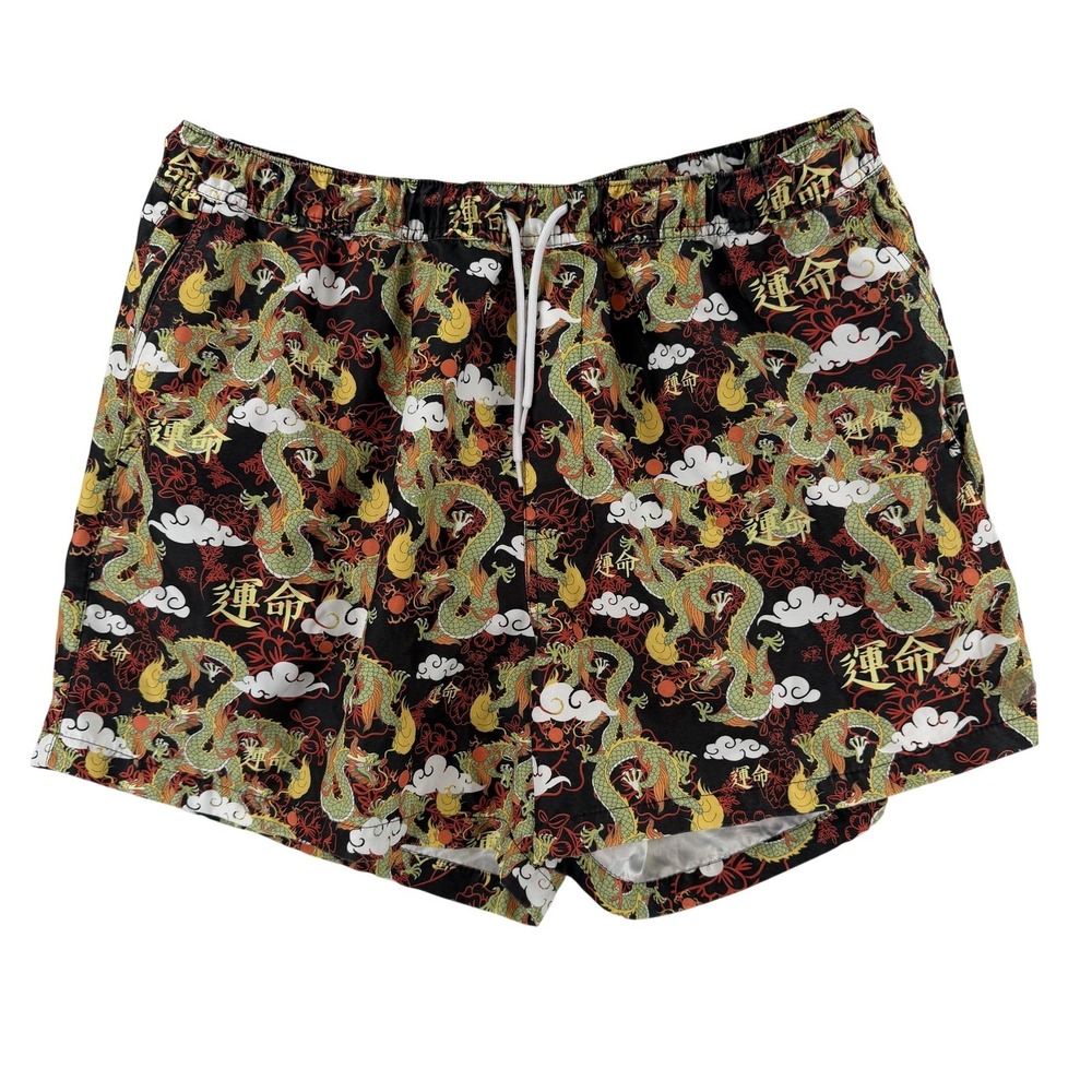 Empyre Swim Shorts Mens 2XL Black Dragon Print Trunks Mesh Lined Quick Dry Beach